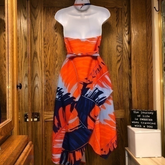 NICHOLAS Red and Blue Palm Print Crepe Halter Dress, Handkerchief Hem, EUC, 4 - Picture 7 of 11